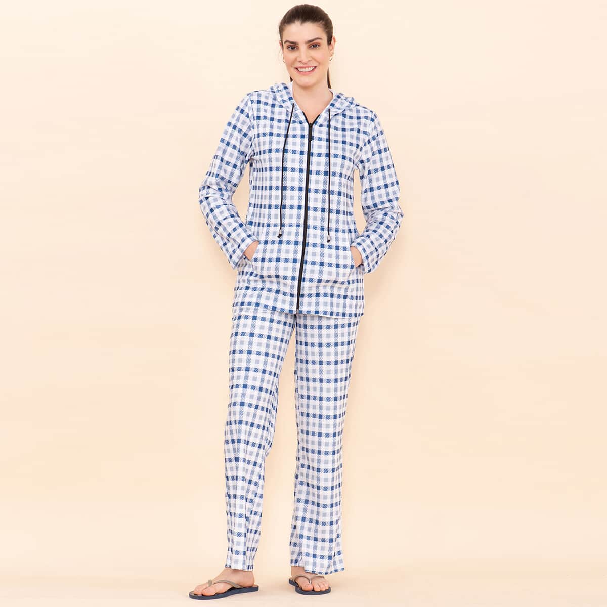 Tamsy Blue Checkered Printed Brushed Flannel Track Suit Set -S image number 0