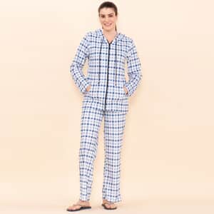 Tamsy Blue Checkered Printed Brushed Flannel Track Suit Set -S