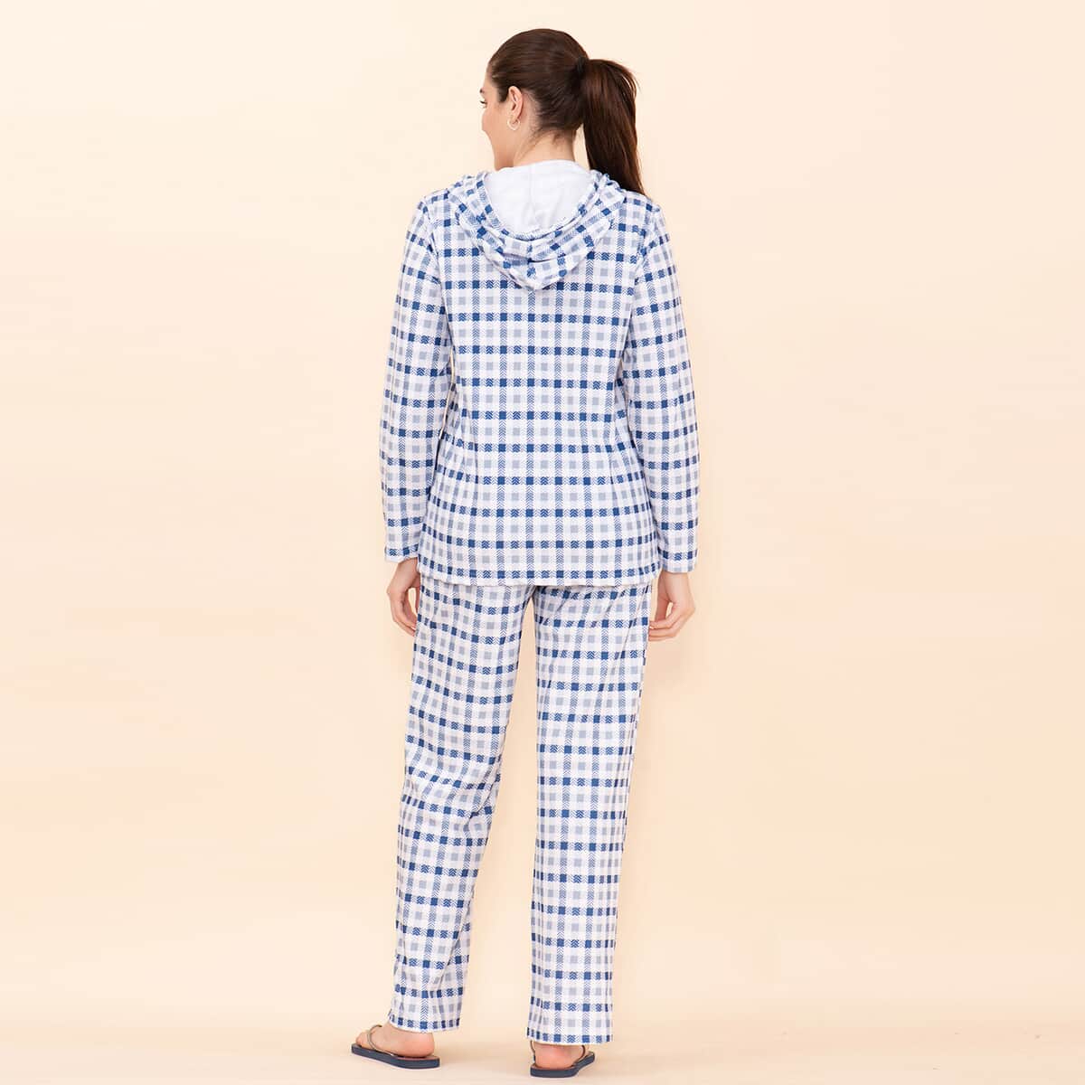 Tamsy Blue Checkered Printed Brushed Flannel Track Suit Set -S image number 1