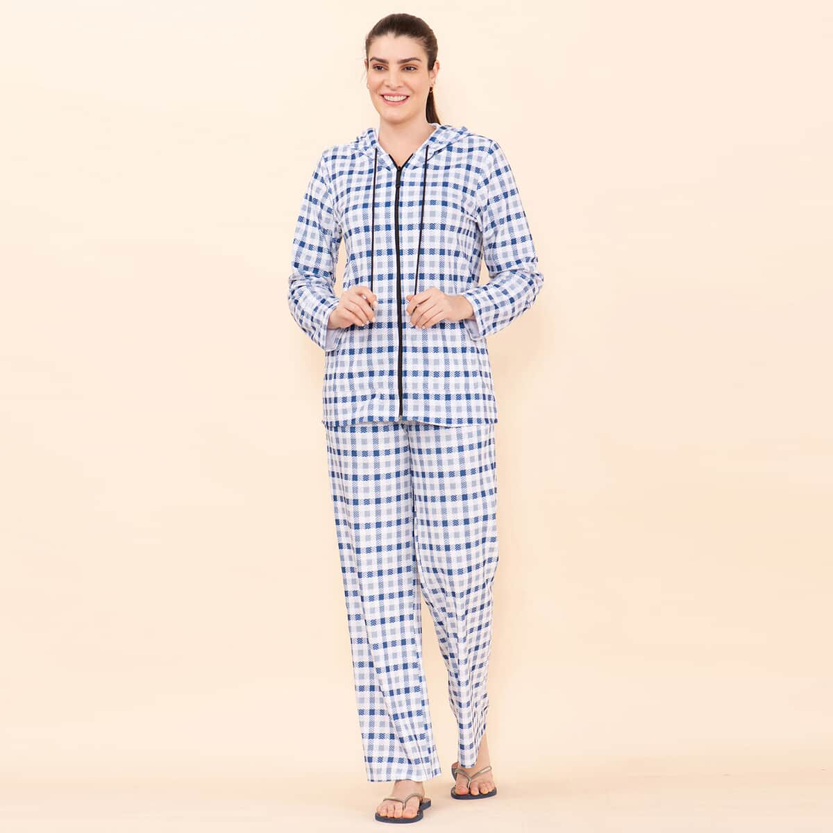 Tamsy Blue Checkered Printed Brushed Flannel Track Suit Set -S image number 2