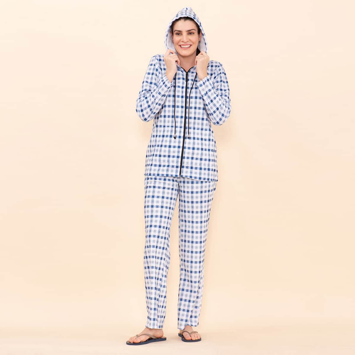 Tamsy Blue Checkered Printed Brushed Flannel Track Suit Set -S image number 3