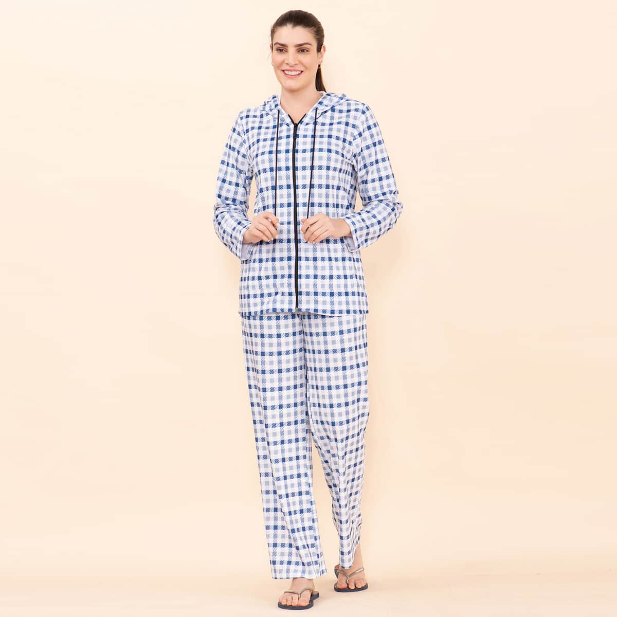 Tamsy Blue Checkered Printed Brushed Flannel Track Suit Set -3X image number 2