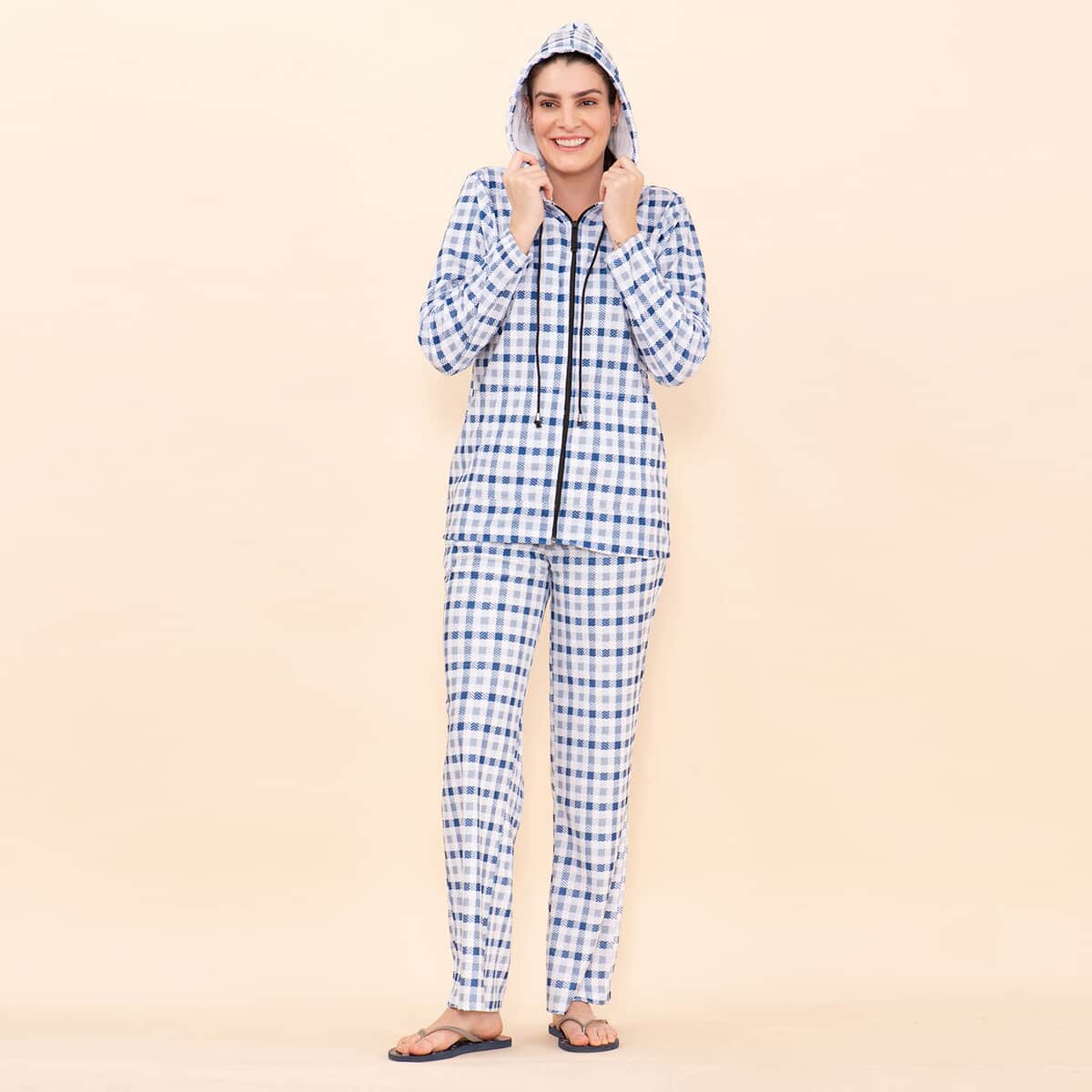 Tamsy Blue Checkered Printed Brushed Flannel Track Suit Set -3X image number 3