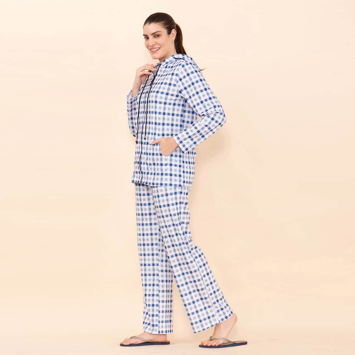 Tamsy Blue Checkered Printed Brushed Flannel Track Suit Set -3X image number 5