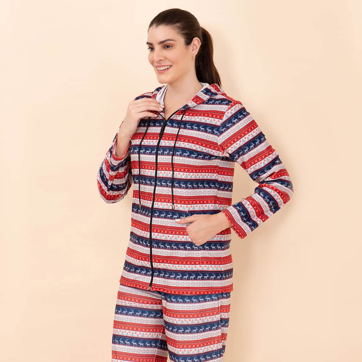 Tamsy Red and Blue Reindeer Printed Brushed Flannel Lounge Wear - L image number 4