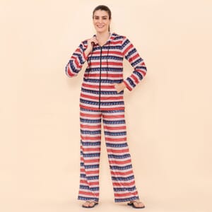 Tamsy Red and Blue Reindeer Printed Brushed Flannel Track Suit - XL