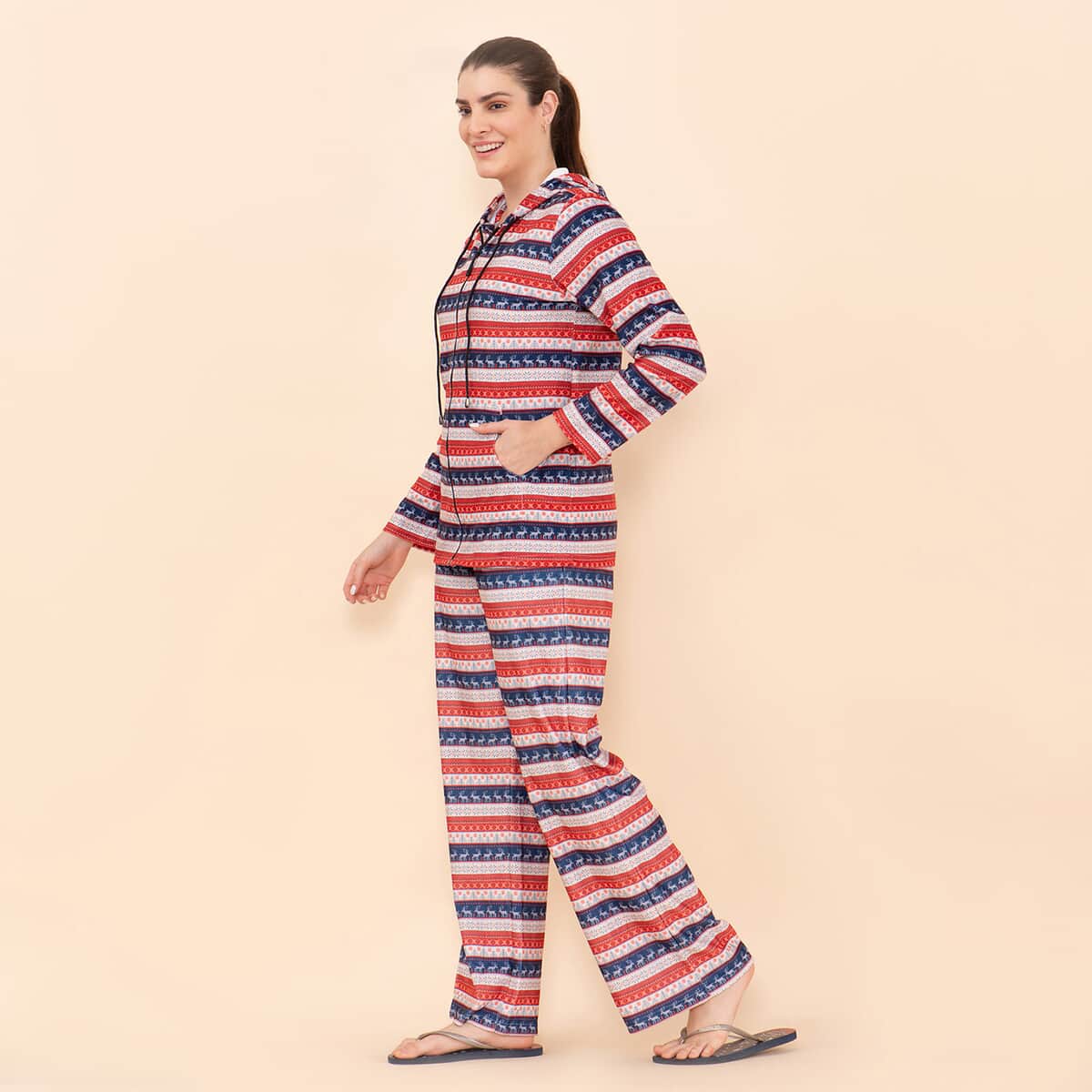 Tamsy Red and Blue Reindeer Printed Brushed Flannel Track Suit - XL image number 2