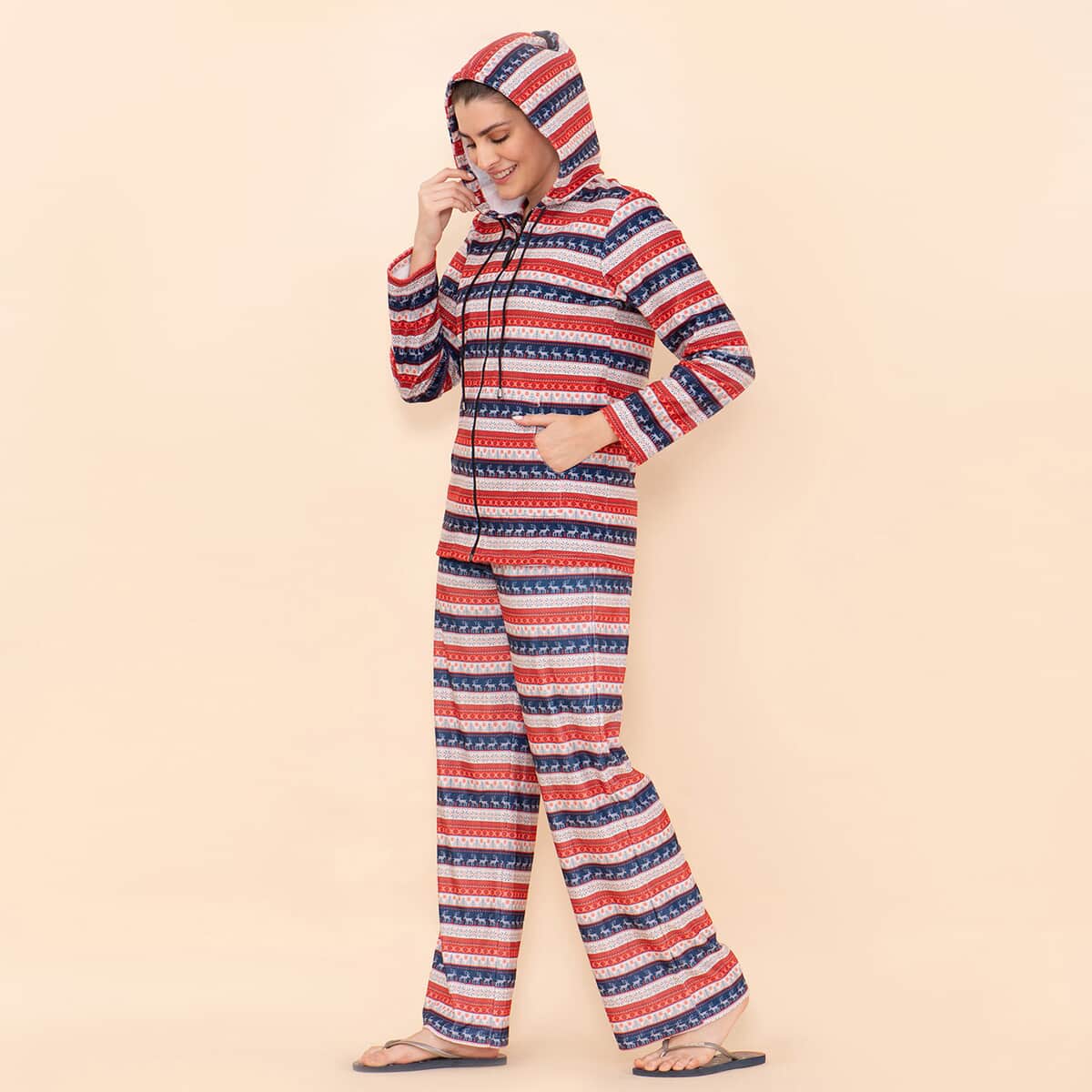 Tamsy Red and Blue Reindeer Printed Brushed Flannel Track Suit - XL image number 3