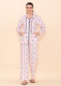 Tamsy Light Pink Snowflake Printed Brushed Flannel Track Suit Set -L