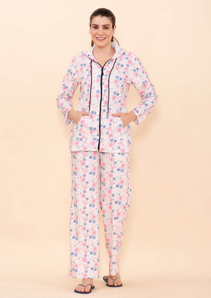 Tamsy Light Pink Snowflake Printed Brushed Flannel Track Suit Set -M image number 0