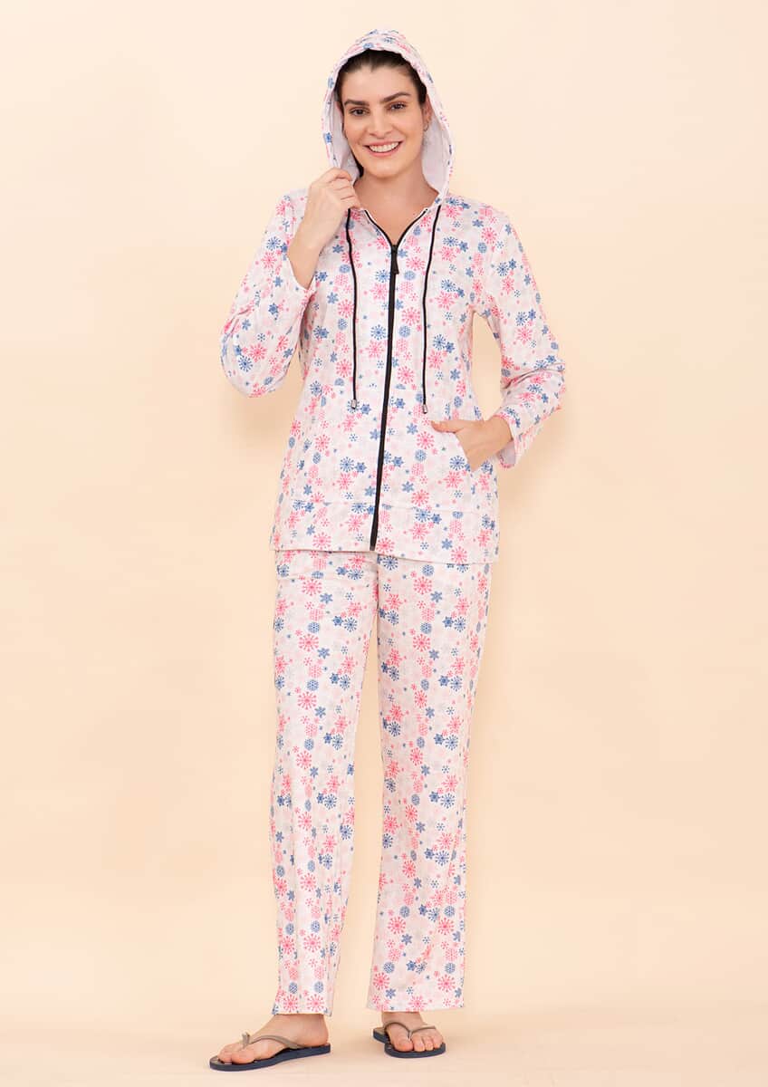 Tamsy Light Pink Snowflake Printed Brushed Flannel Track Suit Set -M image number 2