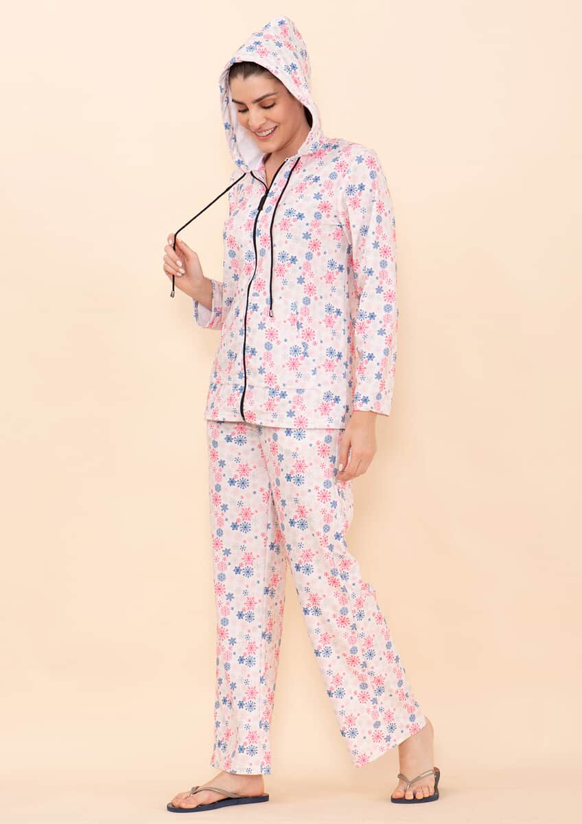 Tamsy Light Pink Snowflake Printed Brushed Flannel Track Suit Set -M image number 3
