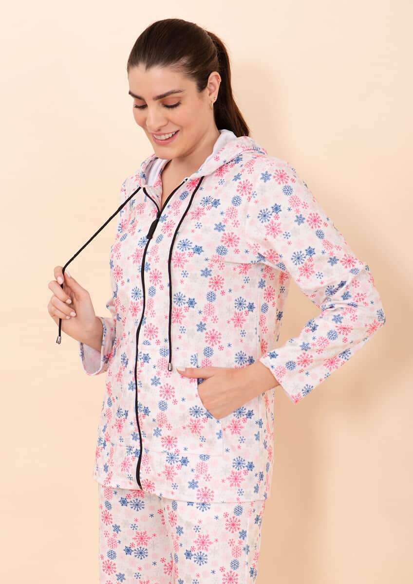 Tamsy Light Pink Snowflake Printed Brushed Flannel Track Suit Set -M image number 5