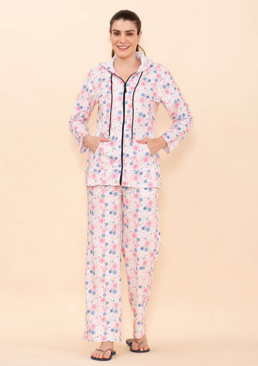 Tamsy Light Pink Snowflake Printed Brushed Flannel Track Suit Set -S image number 0