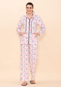 Tamsy Light Pink Snowflake Printed Brushed Flannel Track Suit Set -XL
