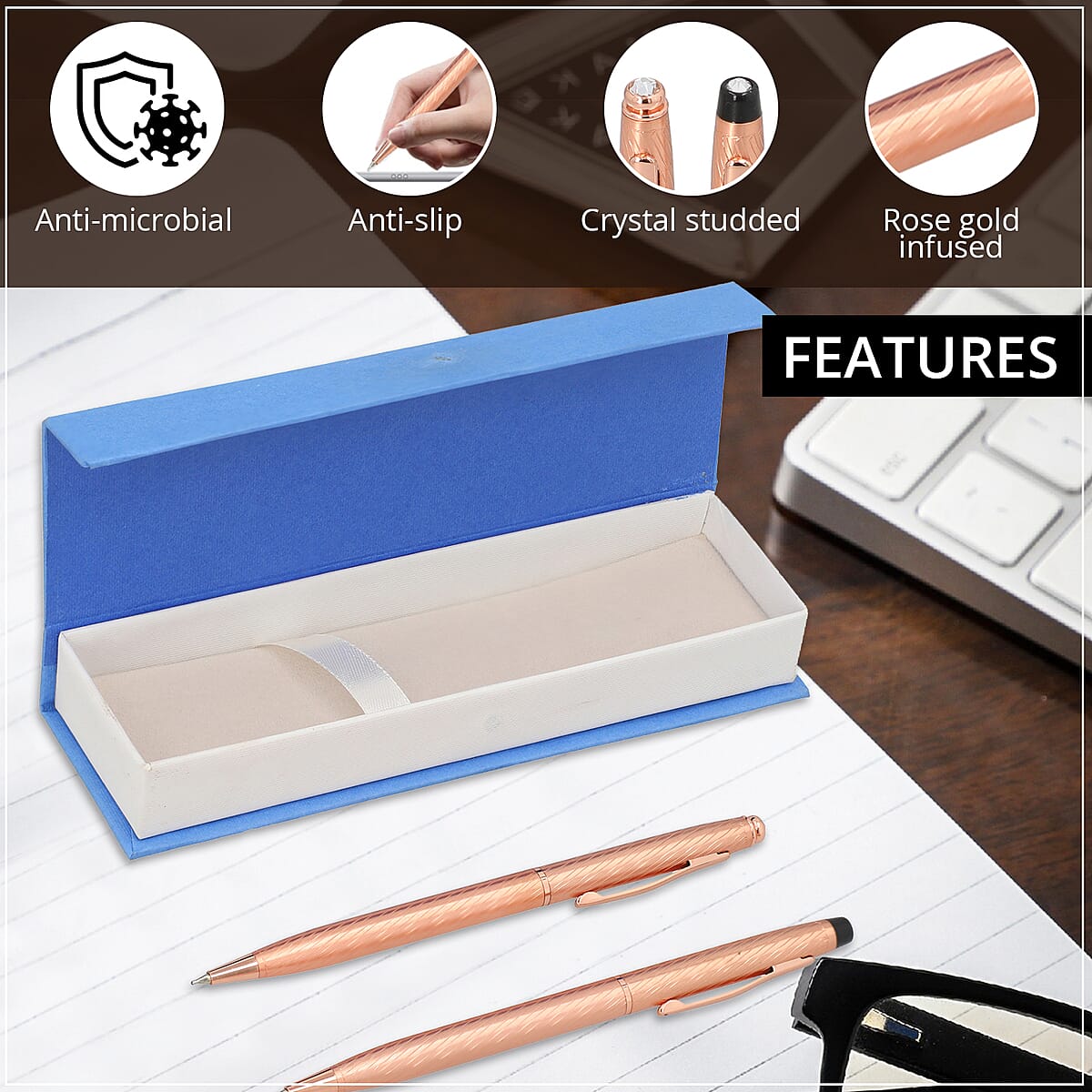 Set of 2 Copper Ball Point Pens Studded with Crystal in Gift Box -Bronze image number 2