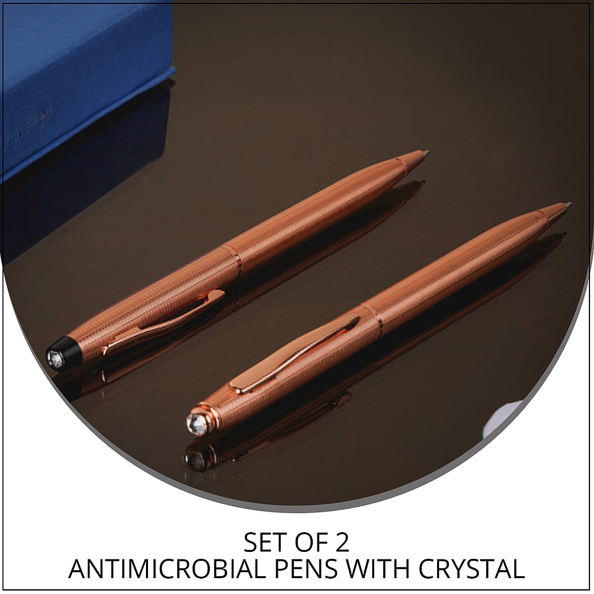 HOMESMART Set of 2 Line Pattern Copper Ball Point Antimicrobial Pens with Crystal in Gift Box -Bronze | Best Refillable Ballpoint Pen | Luxury Decorative Ballpoint Pens image number 1