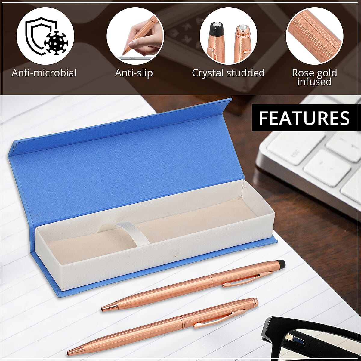 HOMESMART Set of 2 Line Pattern Copper Ball Point Antimicrobial Pens with Crystal in Gift Box -Bronze | Best Refillable Ballpoint Pen | Luxury Decorative Ballpoint Pens image number 2