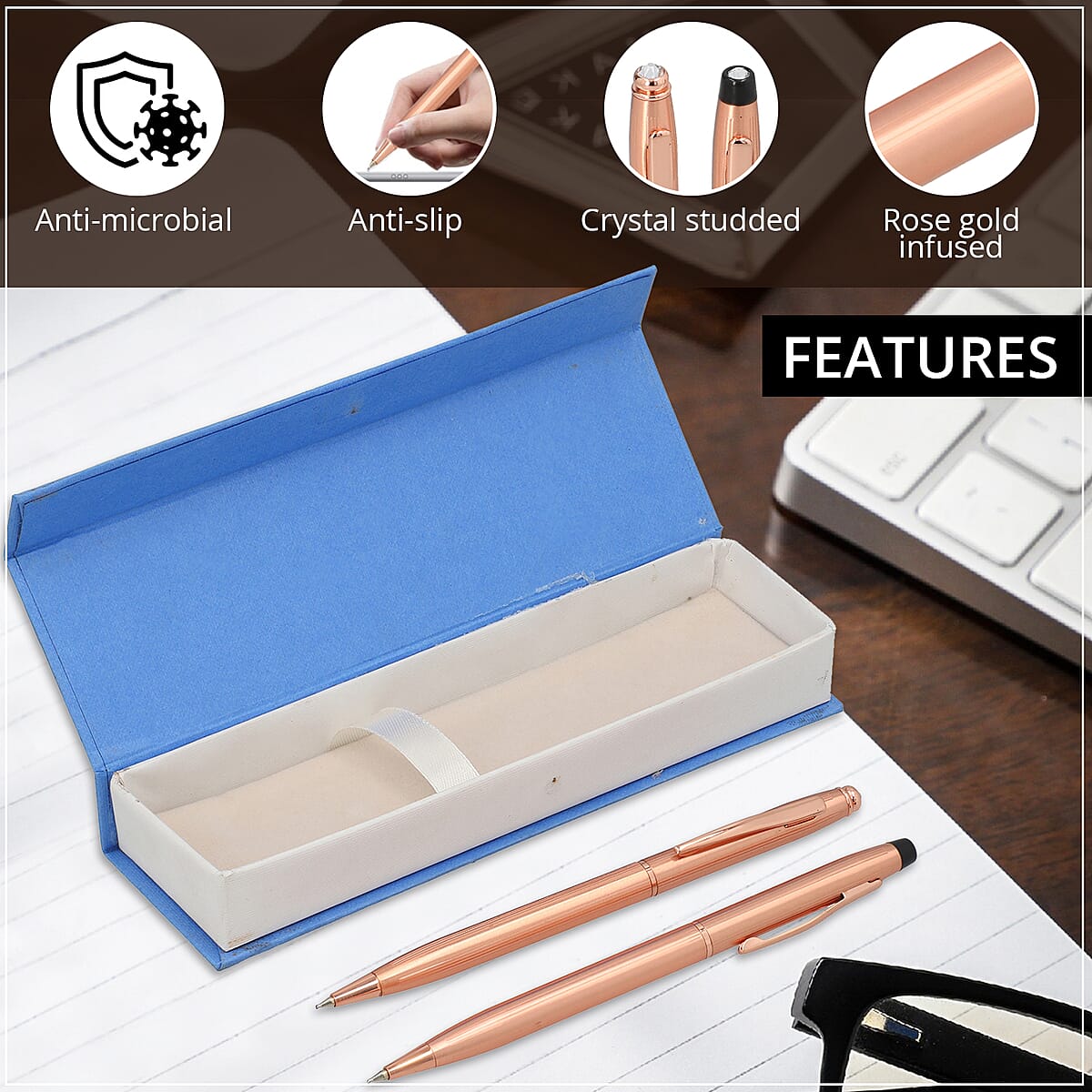 HOMESMART Set of 2 Solid Copper Ball Point Antimicrobial Pens with Crystal in Gift Box -Bronze | Best Refillable Ballpoint Pen | Luxury Decorative Ballpoint Pens image number 2