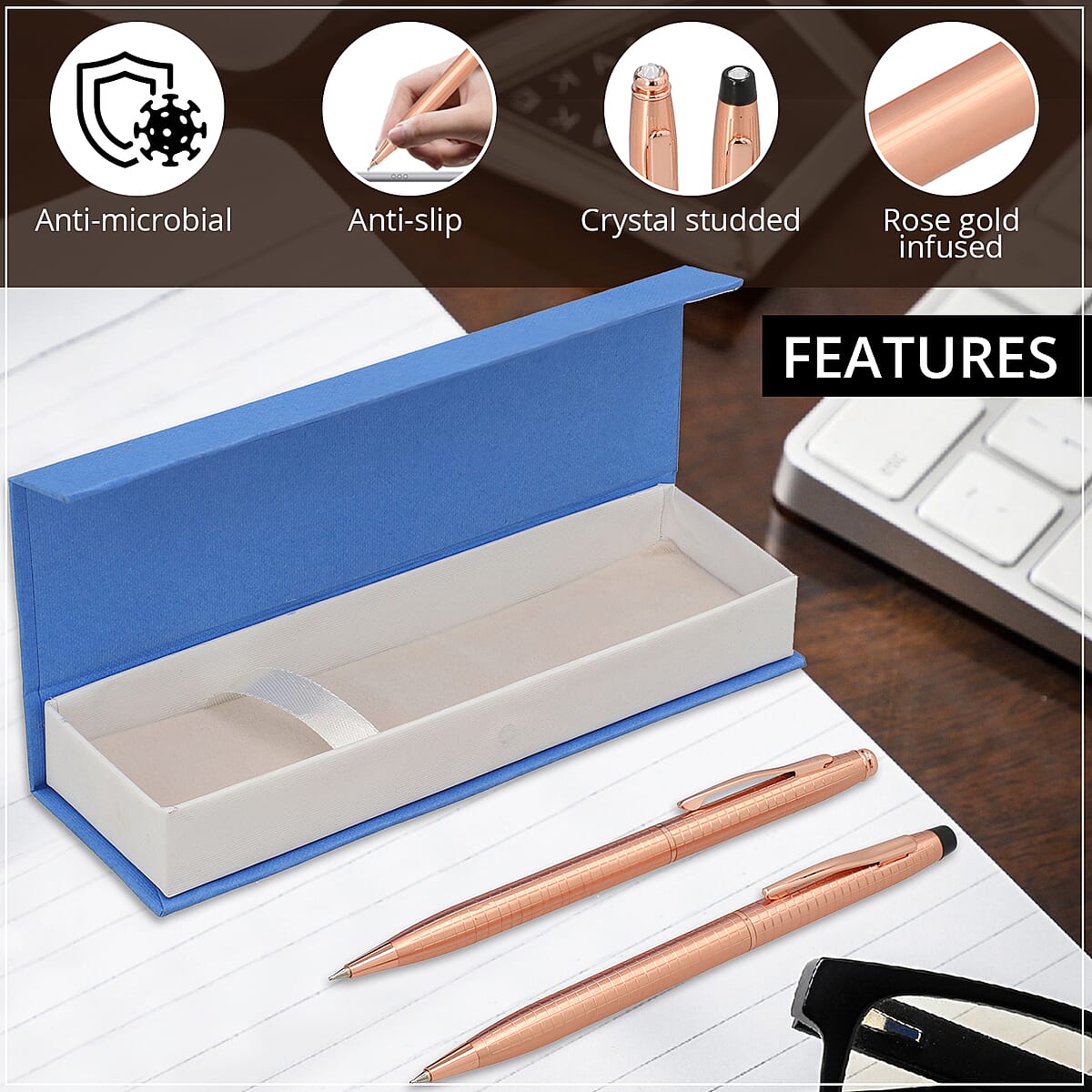 HOMESMART Set of 2 Rope Pattern Copper Ball Point Antimicrobial Pens with Crystal in Gift Box -Bronze | Best Refillable Ballpoint Pen | Luxury Decorative Ballpoint Pens image number 2