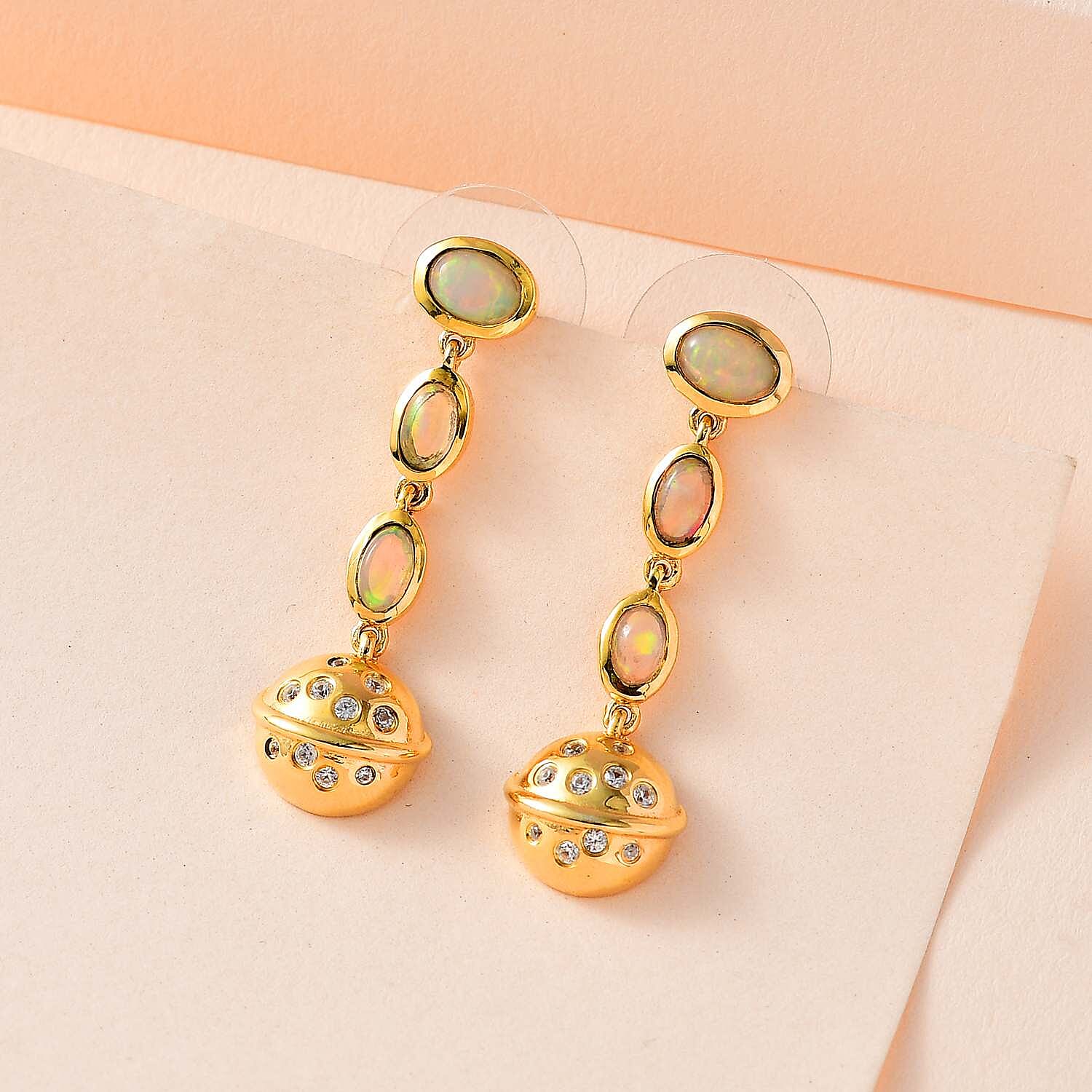 Ethiopian Welo Opal and White Zircon Solar System Planet Drop Statement Earrings in Vermeil Yellow Gold Over Sterling Silver 1.50 ctw