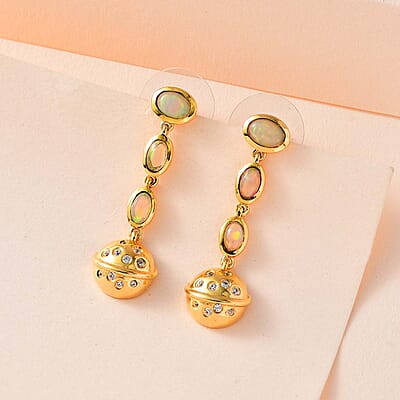 Ethiopian Welo Opal and White Zircon Solar System Planet Drop Statement Earrings in Vermeil Yellow Gold Over Sterling Silver 1.50 ctw