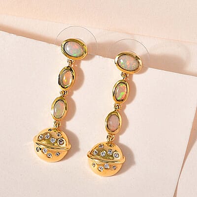 Ethiopian Welo Opal and White Zircon Solar System Planet Drop Statement Earrings in Vermeil Yellow Gold Over Sterling Silver 1.50 ctw
