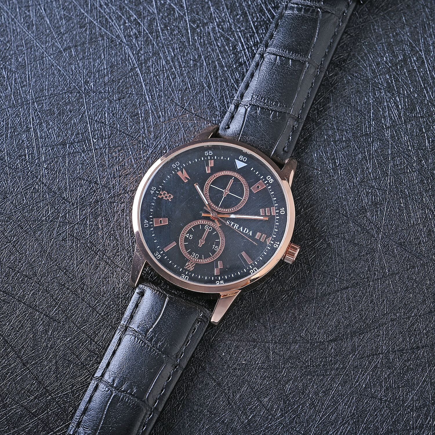 Strada Japanese Movement Watch in Rosetone with Black Faux Leather Strap (40.65mm) (5.75-7.75 Inches)