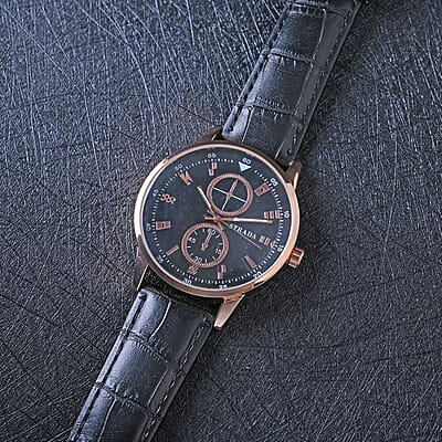 Strada Japanese Movement Watch in Rosetone with Black Faux Leather Strap (40.65mm) (5.75-7.75 Inches)