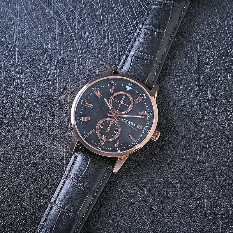 Strada Japanese Movement Watch in Rosetone with Black Faux Leather Strap (40.65mm) (5.75-7.75 Inches)