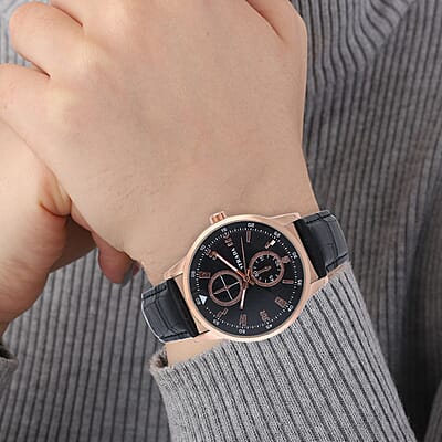 Strada Japanese Movement Watch in Rosetone with Black Faux Leather Strap (40.65mm) (5.75-7.75 Inches)