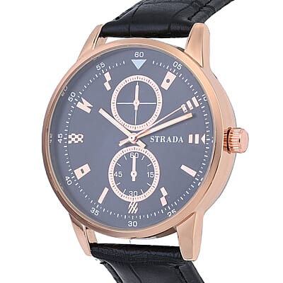 Strada Japanese Movement Watch in Rosetone with Black Faux Leather Strap (40.65mm) (5.75-7.75 Inches)