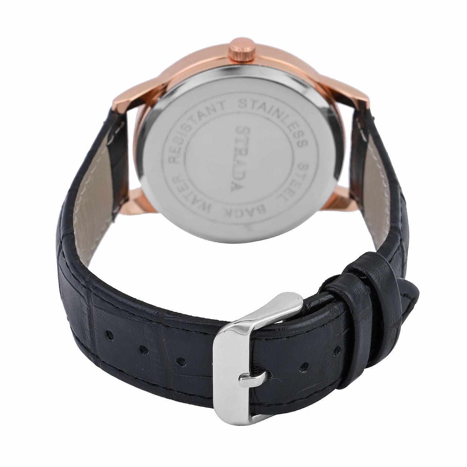 Strada Japanese Movement Watch in Rosetone with Black Faux Leather Strap (40.65mm) (5.75-7.75 Inches)