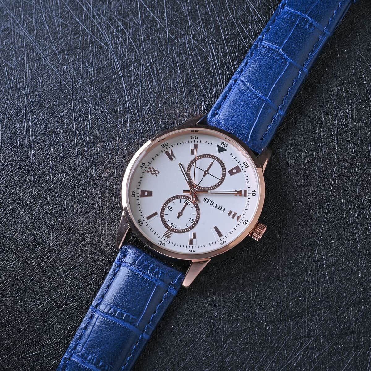 Strada Japanese Movement Watch in Rosetone with Blue Faux Leather Strap (40.65mm) (5.75-7.75 Inches) image number 1