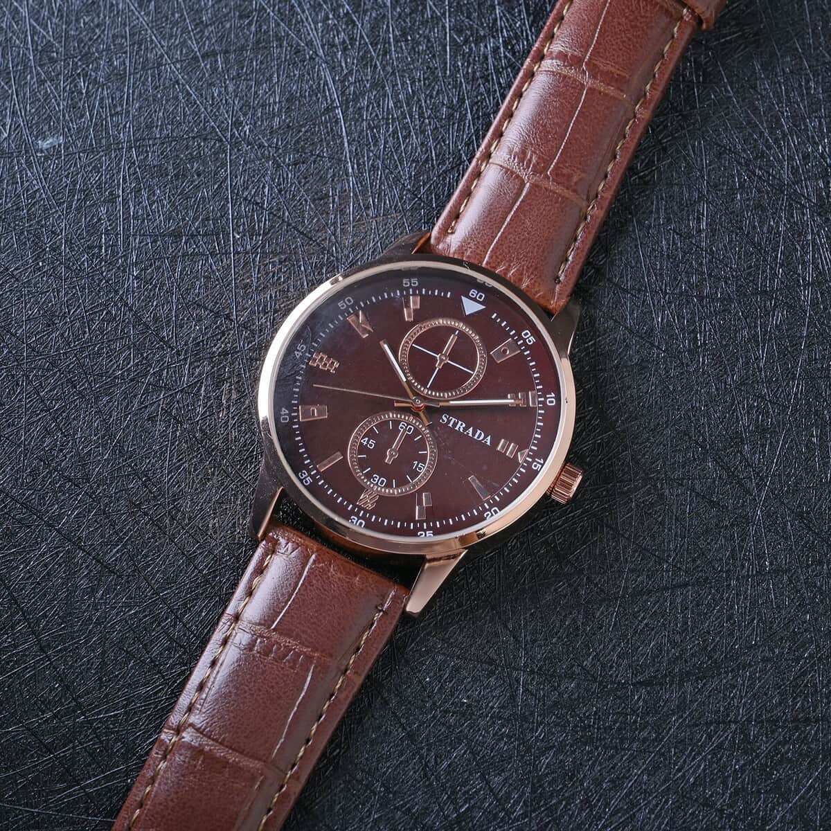 Strada Japanese Movement Watch in Rosetone with Brown Faux Leather Strap (40.65mm) (5.75-7.75 Inches) image number 1
