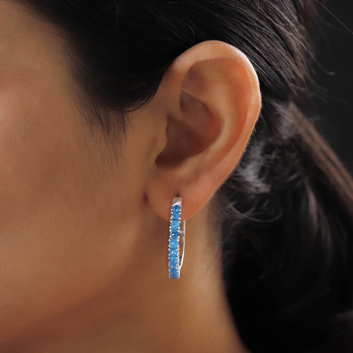Malgache Neon Apatite Hoop Earrings in Platinum Over Sterling Silver 9 Grams 2.40 ctw image number 2