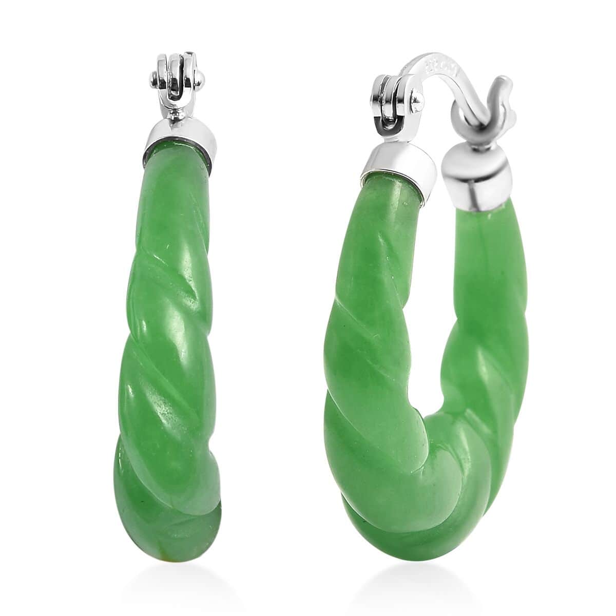 Green Jade (D) Carved Twisted Rope Pattern Hoop Earrings in Rhodium Over Sterling Silver 18.50 ctw image number 0