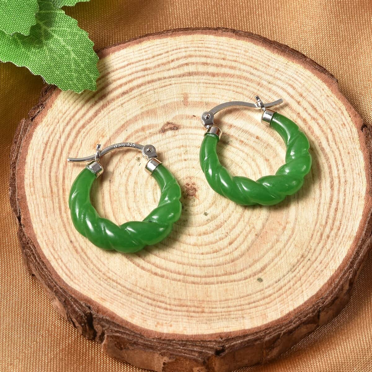 Green Jade (D) Carved Twisted Rope Pattern Hoop Earrings in Rhodium Over Sterling Silver 18.50 ctw image number 1