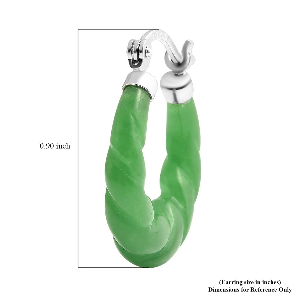 Green Jade (D) Carved Twisted Rope Pattern Hoop Earrings in Rhodium Over Sterling Silver 18.50 ctw image number 4