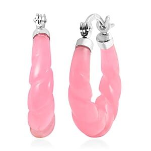 Pink Jade (D) Carved  Hoop Earrings in Rhodium Over Sterling Silver| Twisted Rope Pattern| Silver Hoops  17.50 ctw
