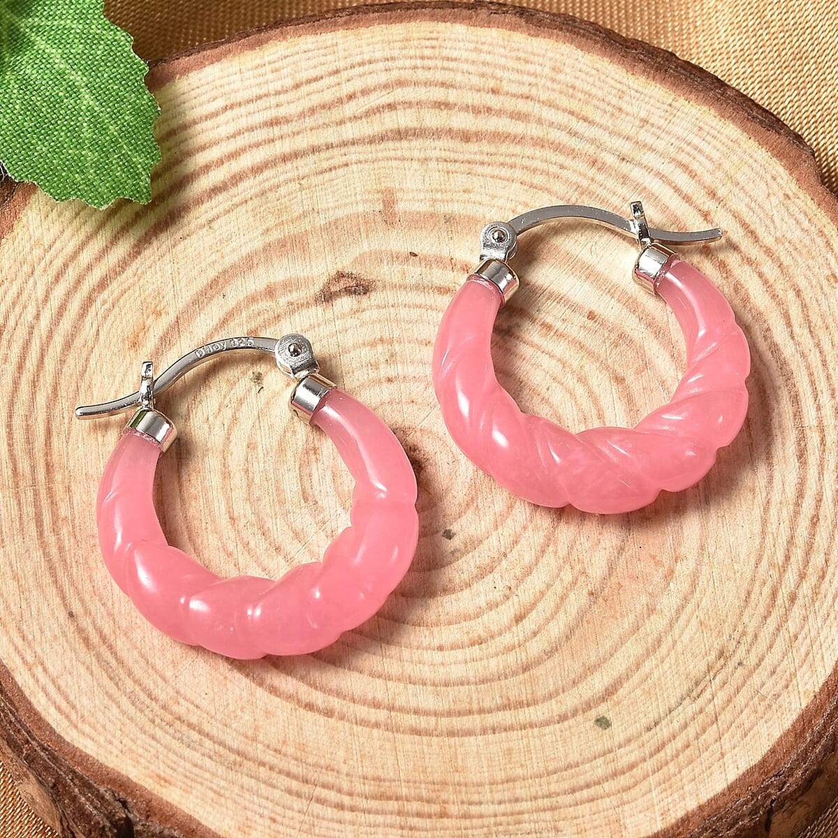 Pink Jade (D) Carved  Hoop Earrings in Rhodium Over Sterling Silver| Twisted Rope Pattern| Silver Hoops  17.50 ctw image number 1