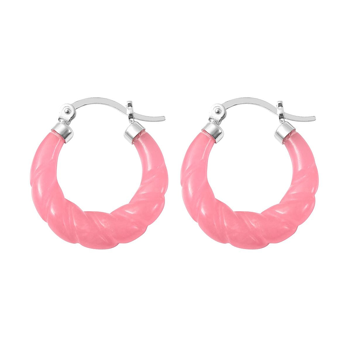 Pink Jade (D) Carved  Hoop Earrings in Rhodium Over Sterling Silver| Twisted Rope Pattern| Silver Hoops  17.50 ctw image number 3