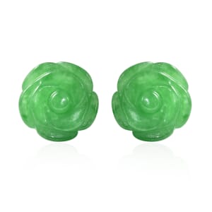 Green Jade (D) Carved Rose Stud Earrings in Rhodium Over Sterling Silver 23.50 ctw
