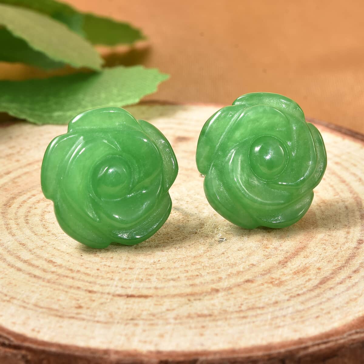 Green Jade (D) Carved Rose Stud Earrings in Rhodium Over Sterling Silver 23.50 ctw image number 1