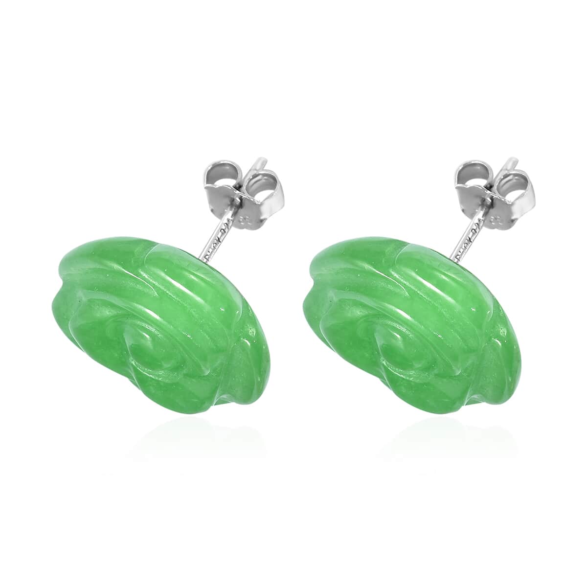 Green Jade (D) Carved Rose Stud Earrings in Rhodium Over Sterling Silver 23.50 ctw image number 3