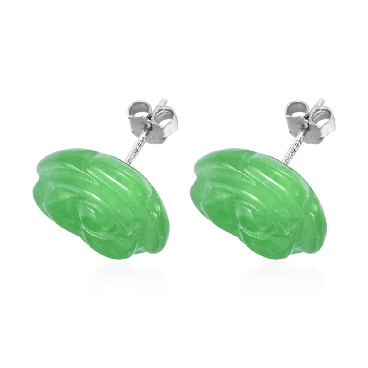 Green Jade (D) Carved Rose Stud Earrings in Rhodium Over Sterling Silver 23.50 ctw image number 5