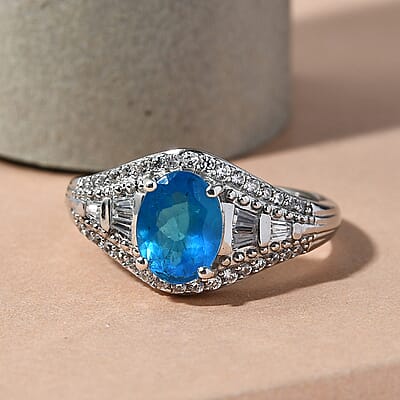 Malgache Neon Apatite and Natural White Zircon Ring in Platinum Over Sterling Silver (Size 10.0) 1.75 ctw