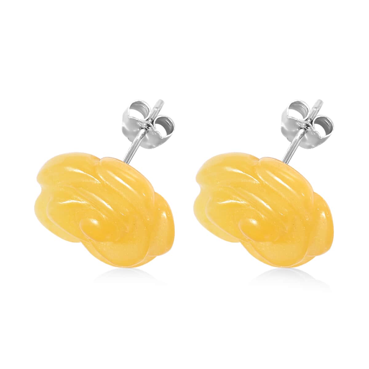 Honey Jade (D) Carved Rose Stud Earrings in Rhodium Over Sterling Silver 22.50 ctw image number 3