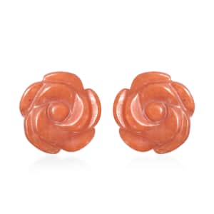 Red Jade (D) Carved Rose Stud Earrings in Rhodium Over Sterling Silver 22.00 ctw