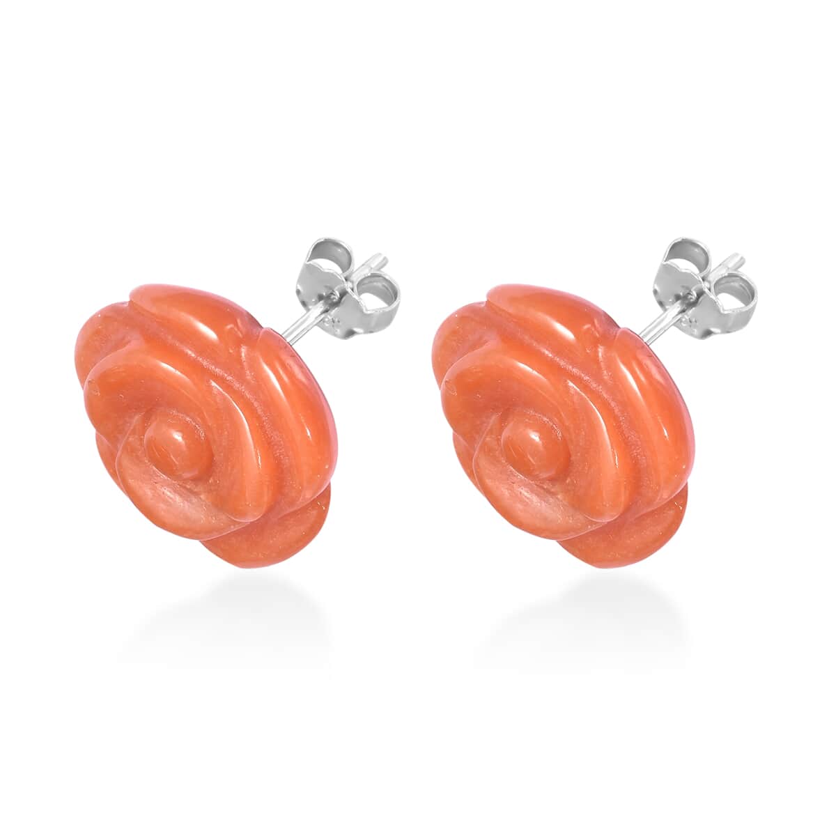 Red Jade (D) Carved Rose Stud Earrings in Rhodium Over Sterling Silver 22.00 ctw image number 3